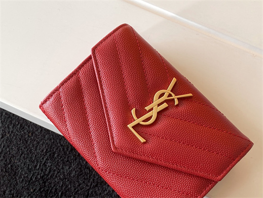Y.S.L CASSANDRA MATELASS?? SMALL ENVELOPE WALLET IN GRAIN DE POUDRE EMBOSSED LEATHER Red Color Gold Tone Metal