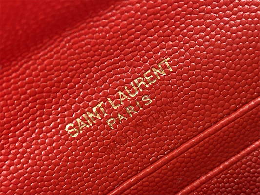 Y.S.L CASSANDRA MATELASS?? SMALL ENVELOPE WALLET IN GRAIN DE POUDRE EMBOSSED LEATHER Red Color Gold Tone Metal