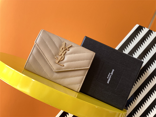 Y.S.L CASSANDRA MATELASS?? SMALL ENVELOPE WALLET IN GRAIN DE POUDRE EMBOSSED LEATHER Beige Color Gold Tone Metal