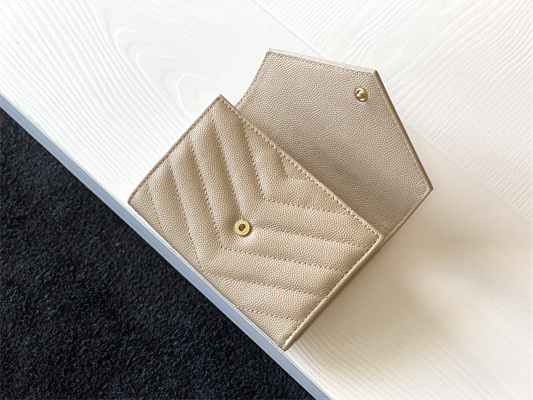 Y.S.L CASSANDRA MATELASS?? SMALL ENVELOPE WALLET IN GRAIN DE POUDRE EMBOSSED LEATHER Beige Color Gold Tone Metal