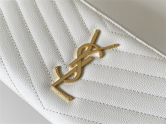 Y.S.L CASSANDRA MATELASS?? ZIP AROUND WALLET IN GRAIN DE POUDRE EMBOSSED LEATHER White Color Gold Tone Metal