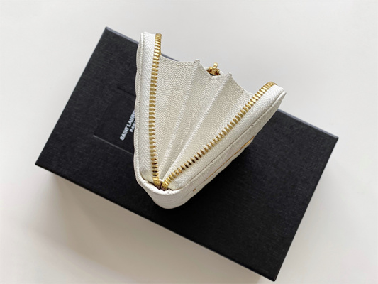 Y.S.L CASSANDRA MATELASS?? ZIP AROUND WALLET IN GRAIN DE POUDRE EMBOSSED LEATHER White Color Gold Tone Metal