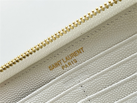 Y.S.L CASSANDRA MATELASS?? ZIP AROUND WALLET IN GRAIN DE POUDRE EMBOSSED LEATHER White Color Gold Tone Metal