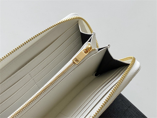 Y.S.L CASSANDRA MATELASS?? ZIP AROUND WALLET IN GRAIN DE POUDRE EMBOSSED LEATHER White Color Gold Tone Metal