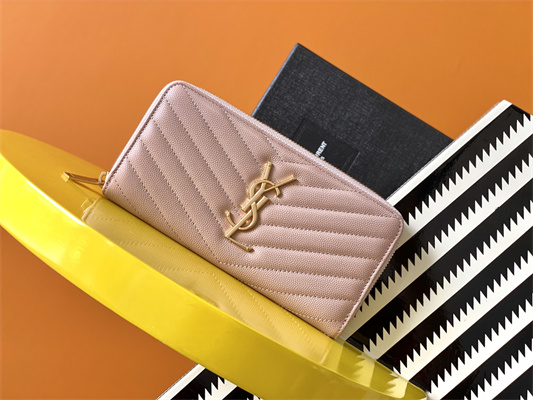 Y.S.L CASSANDRA MATELASS?? ZIP AROUND WALLET IN GRAIN DE POUDRE EMBOSSED LEATHER Pink Color Gold Tone Metal