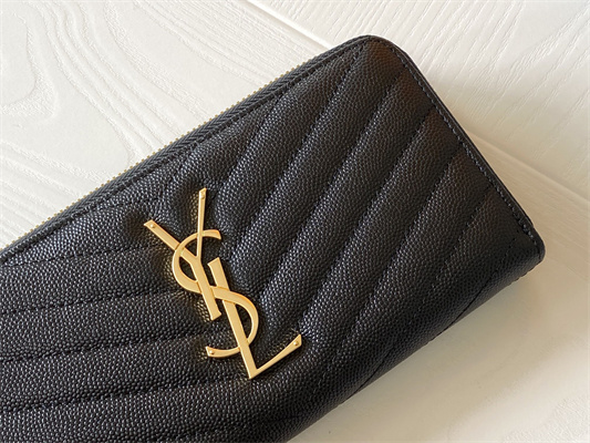Y.S.L CASSANDRA MATELASS?? ZIP AROUND WALLET IN GRAIN DE POUDRE EMBOSSED LEATHER Black Color Gold Tone Metal