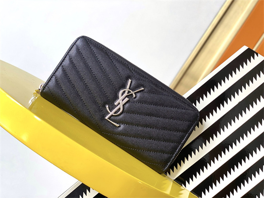 Y.S.L CASSANDRA MATELASS?? ZIP AROUND WALLET IN GRAIN DE POUDRE EMBOSSED LEATHER Black Color Silver Tone Metal
