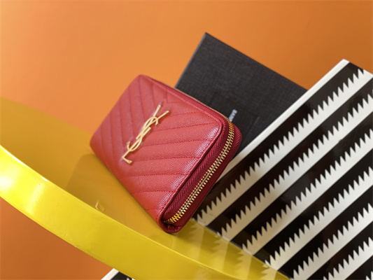 Y.S.L CASSANDRA MATELASS?? ZIP AROUND WALLET IN GRAIN DE POUDRE EMBOSSED LEATHER Red Color Gold Tone Metal