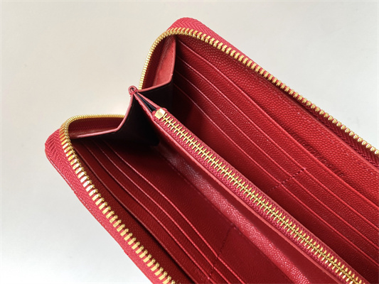 Y.S.L CASSANDRA MATELASS?? ZIP AROUND WALLET IN GRAIN DE POUDRE EMBOSSED LEATHER Red Color Gold Tone Metal