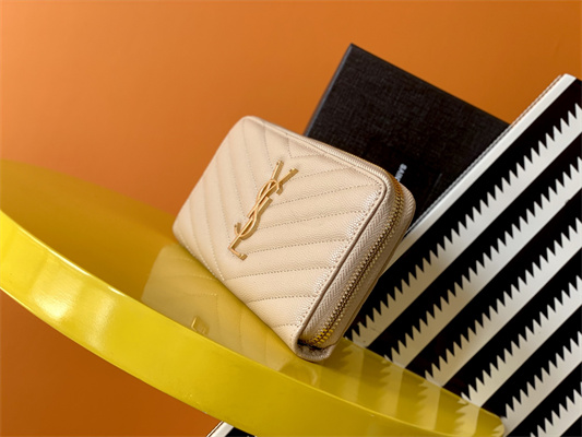 Y.S.L CASSANDRA MATELASS?? ZIP AROUND WALLET IN GRAIN DE POUDRE EMBOSSED LEATHER Beige Color Gold Tone Metal