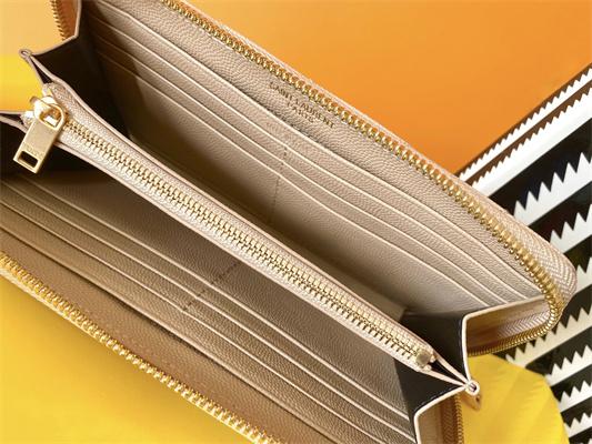 Y.S.L CASSANDRA MATELASS?? ZIP AROUND WALLET IN GRAIN DE POUDRE EMBOSSED LEATHER Beige Color Gold Tone Metal