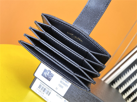 Y.S.L MONOGRAM BUSINESS CARD CASE IN GRAIN DE POUDRE EMBOSSED LEATHER Black Color Gold Tone Metal