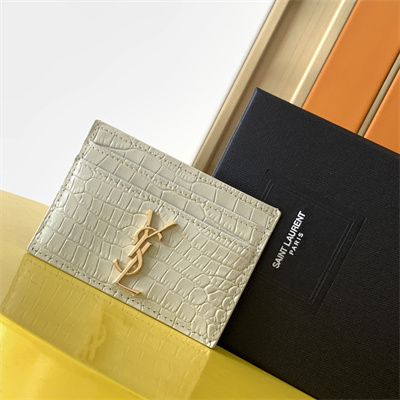 Y.S.L MONOGRAM MATELASS?? CARD CASE IN CROCODILE EMBOSSED LEATHER White Color Gold Tone Metal