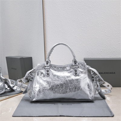 Women’s NEO Cagole City Small Handbag In Metallized Arena Lambskin Silver Color