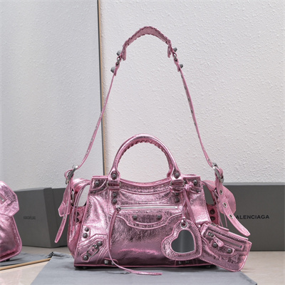 Women’s NEO Cagole City Small Handbag In Metallized Arena Lambskin Pink Color