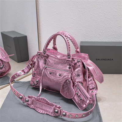Women’s NEO Cagole City Small Handbag In Metallized Arena Lambskin Pink Color