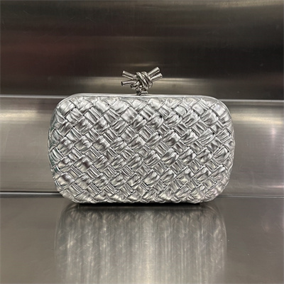 BV Knot Clutch In Calfskin Leather Wrinkled Silver Color