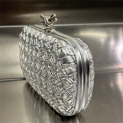 BV Knot Clutch In Calfskin Leather Wrinkled Silver Color
