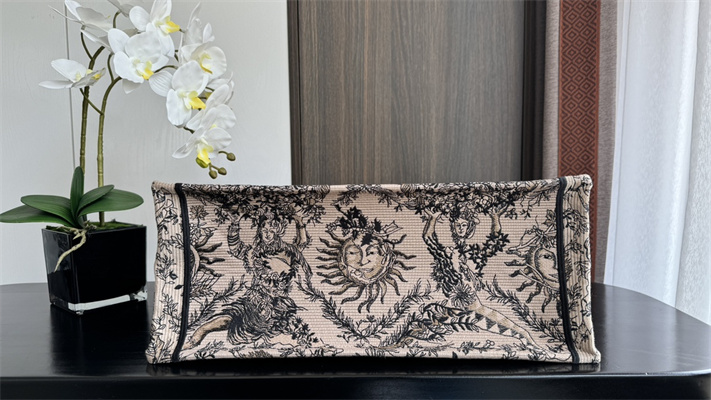 CD Large Book Tote Beige and Black Toile de Jouy Solei Embroidery