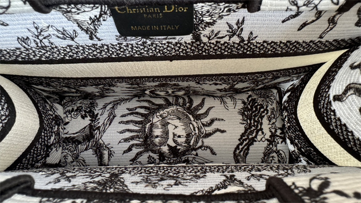 CD Small Book Tote White and Black Toile de Jouy Solei Embroidery