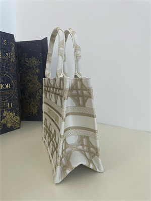 CD Small Book Tote White and Gold Tone Macrocannage Embroidery