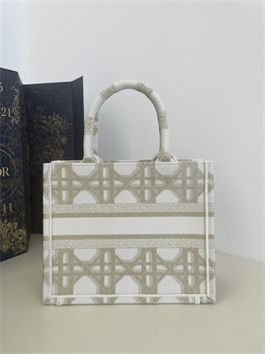 CD Small Book Tote White and Gold Tone Macrocannage Embroidery