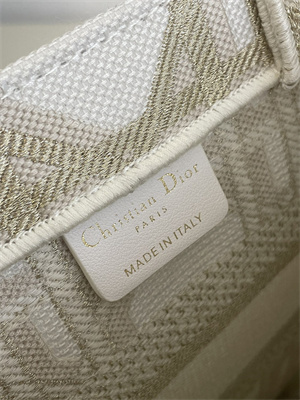 CD Small Book Tote White and Gold Tone Macrocannage Embroidery