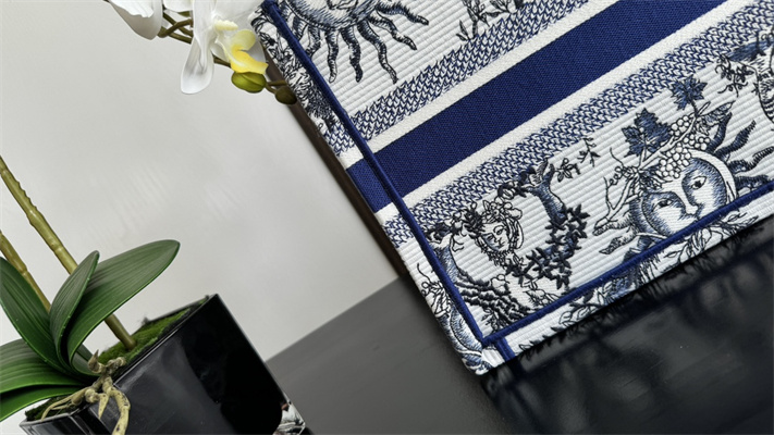 CD Small Book Tote White and Navy Toile de Jouy Solei Embroidery