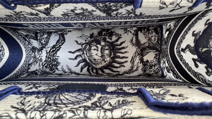 CD Small Book Tote White and Navy Toile de Jouy Solei Embroidery