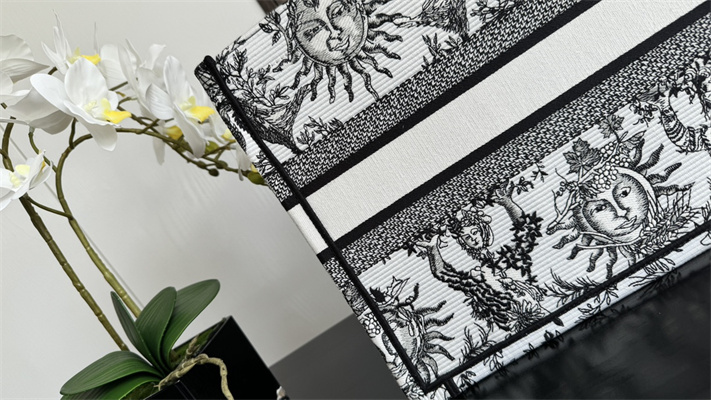 CD Medium Book Tote White and Black Toile de Jouy Solei Embroidery