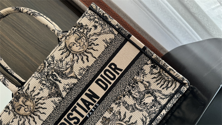 CD Medium Book Tote Beige and Black Toile de Jouy Solei Embroidery