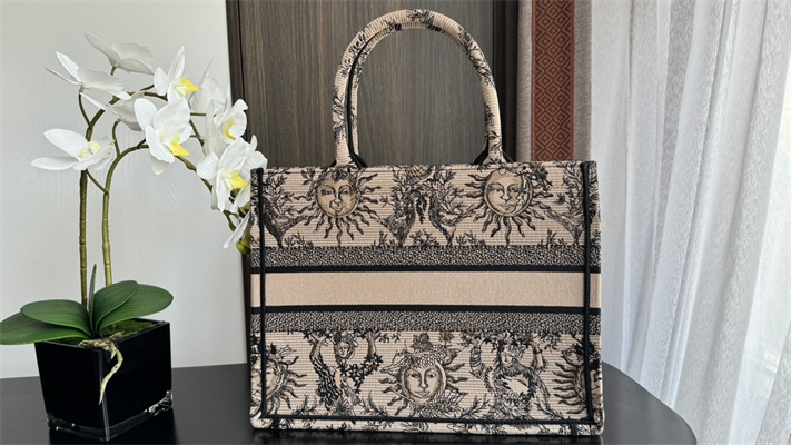 CD Medium Book Tote Beige and Black Toile de Jouy Solei Embroidery