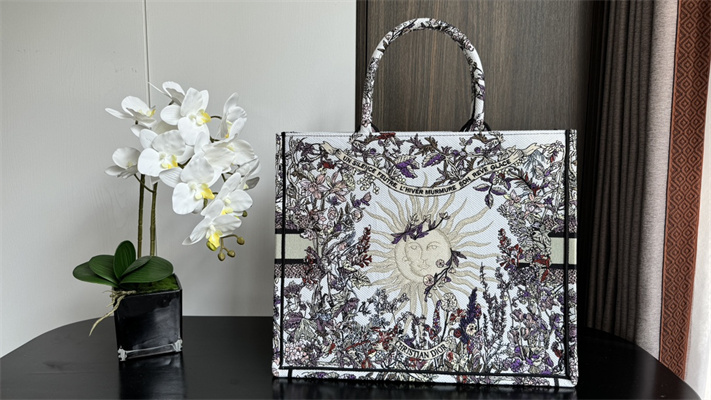 CD Large Book Tote Ecru Multicolor Di.or 4 Saisons Hiver Soleil Embroidery