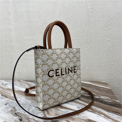 Ce**e mini vertical cabas in triomphe canvas and calfskin with Ce**e print white