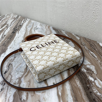 Ce**e mini vertical cabas in triomphe canvas and calfskin with Ce**e print white