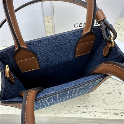 Ce**e mini vertical cabas in denim with  Ce**e all over print navy/tan