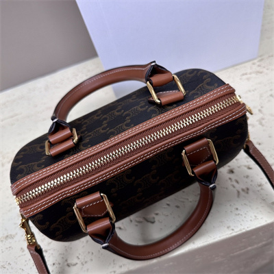 Ce**e small boston bag in triomphe canvas and calfskin tan