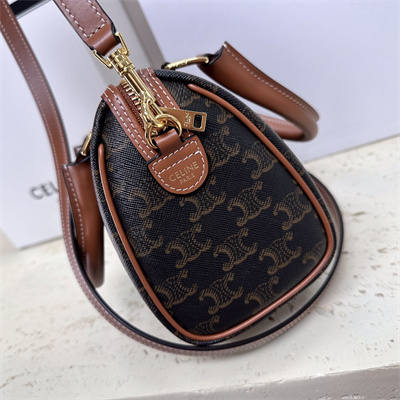 Ce**e small boston bag in triomphe canvas and calfskin tan