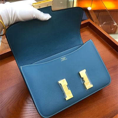 Constance Bag Epsom Leather 24CM Gold/Silver Tone Metal In Blue Jean Color HS