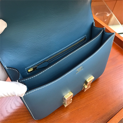 Constance Bag Epsom Leather 24CM Gold/Silver Tone Metal In Blue Jean Color HS
