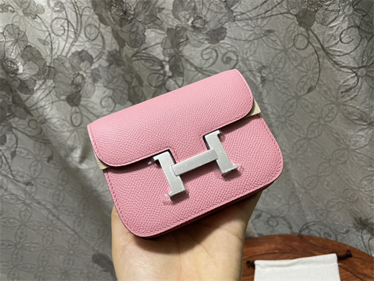 Constance SLIM Wallet With Strap Epsom Leather Silver Tone Metal In Pink Color HS