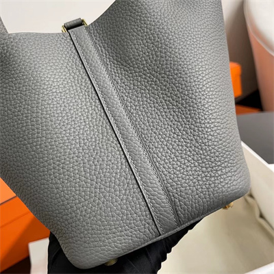 Picotin Lock Bag Togo Leather 18/22CM Gold/Silver Tone Metal In Gris Meyer Color HS