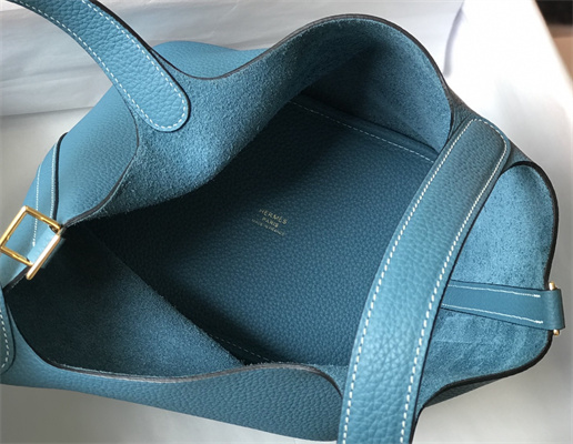 Picotin Lock Bag Togo Leather 18/22CM Gold/Silver Tone Metal In Blue Jean Color HS