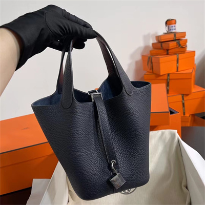 Picotin Lock Bag Togo Leather 18/22CM Gold/Silver Tone Metal In Bleu Nuit Color HS