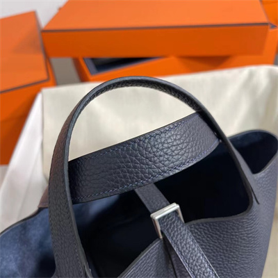 Picotin Lock Bag Togo Leather 18/22CM Gold/Silver Tone Metal In Bleu Nuit Color HS