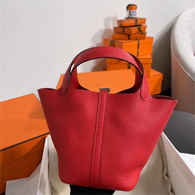 Picotin Lock Bag Togo Leather 18/22CM Gold/Silver Tone Metal In Red Color HS