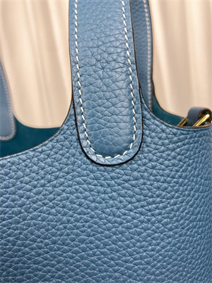Picotin Lock Bag Taurillon Clemence Leather 18/22CM Gold/Silver Tone Metal In Blue Jean Color HS