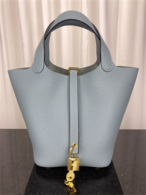 Picotin Lock Bag Taurillon Clemence Leather 18/22CM Gold/Silver Tone Metal In Azure Blue Color HS