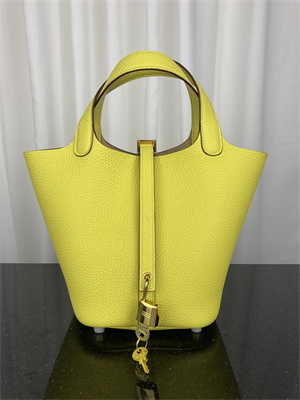 Picotin Lock Bag Taurillon Clemence Leather 18/22CM Gold/Silver Tone Metal In Jaune Poussin Color HS