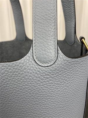 Picotin Lock Bag Taurillon Clemence Leather 18/22CM Gold/Silver Tone Metal In Bleu Lin Color HS